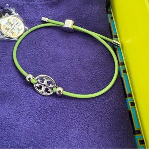 Tory Burch Miller Slider Bracelet Lime Green Leather & Silver Details NEW
